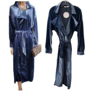 NEW Toby Heart Ginger Velvet Spring Trench Long Jacket Sz S Blue Velour Classic